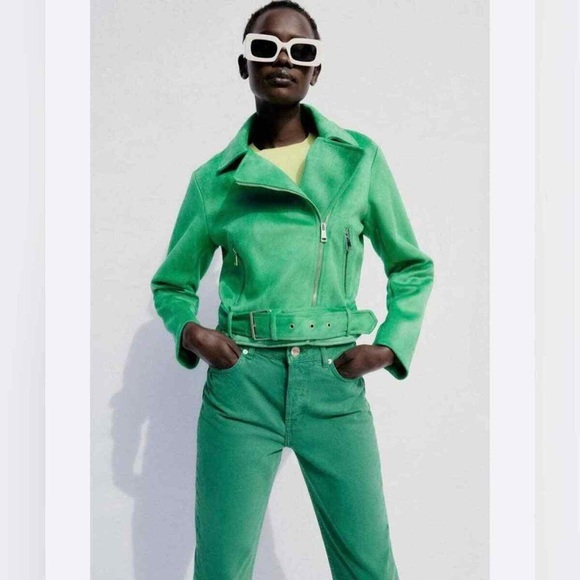 ZARA ~ ZARA GREEN FAUX SUEDE BIKE JACKET WITH Zippers And Belt - Picture 14 of 14